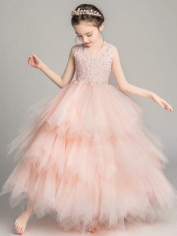 A-line Scoop Beading Floor-Length Tulle Flower Girl Dress