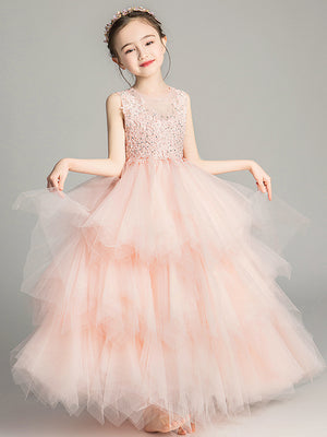 A-line Scoop Beading Floor-Length Tulle Flower Girl Dress