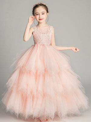 A-line Scoop Beading Floor-Length Tulle Flower Girl Dress