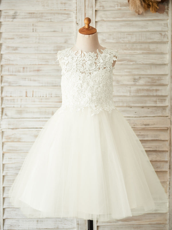A-line Scoop Applique Knee-Length Tulle Flower Girl Dress