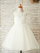 A-line Scoop Applique Knee-Length Tulle Flower Girl Dress