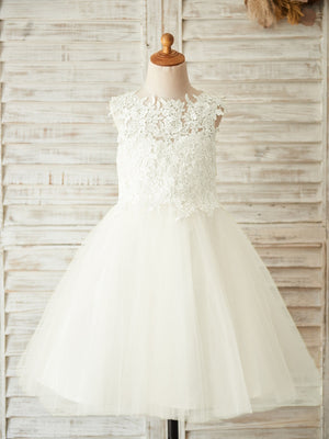 A-line Scoop Applique Knee-Length Tulle Flower Girl Dress