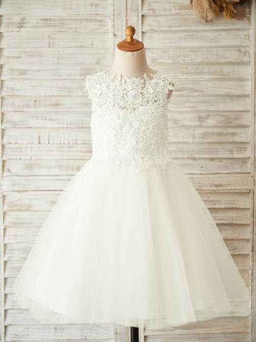 A-line Scoop Applique Knee-Length Tulle Flower Girl Dress