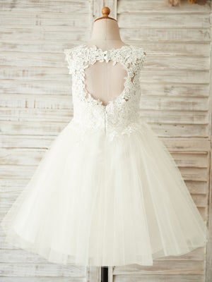 A-line Scoop Applique Knee-Length Tulle Flower Girl Dress