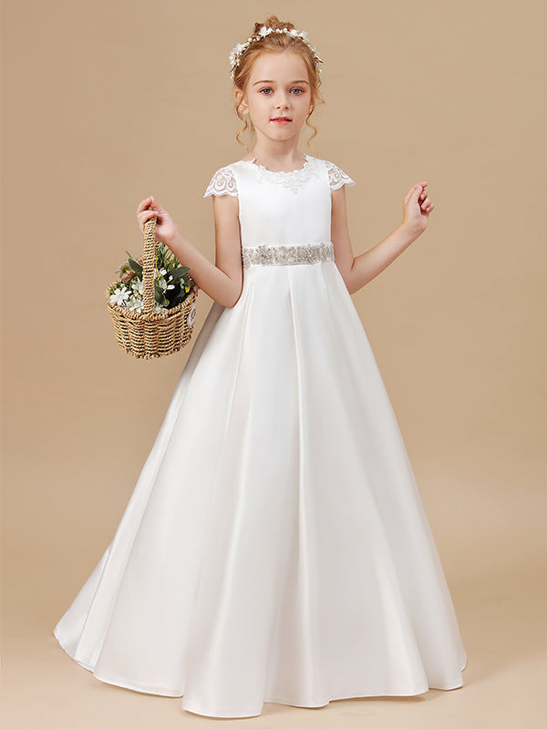 A-line Scoop Short Sleeves Beading Sweep Train Satin Flower Girl Dress