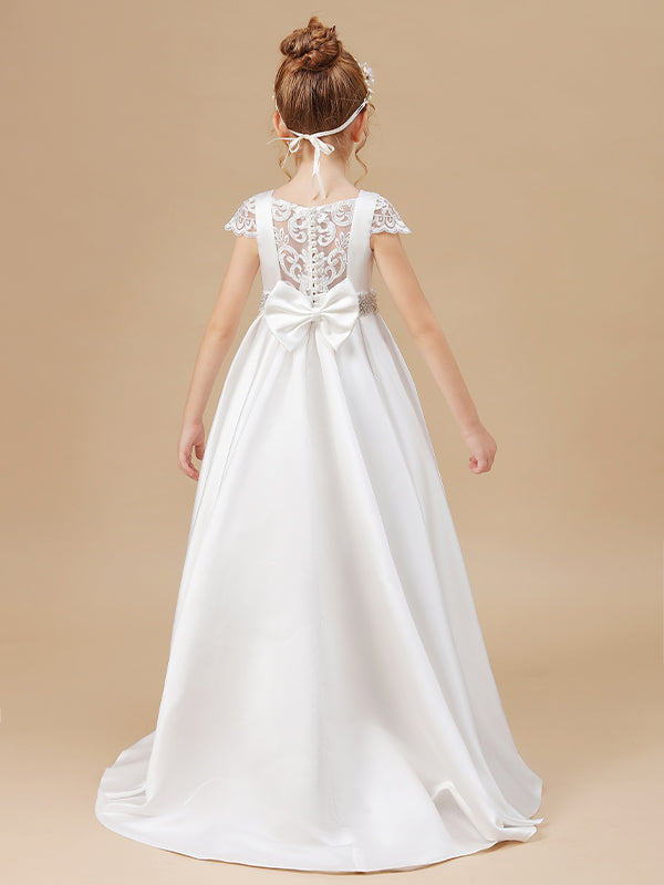 A-line Scoop Short Sleeves Beading Sweep Train Satin Flower Girl Dress