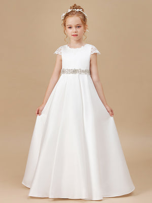 A-line Scoop Short Sleeves Beading Sweep Train Satin Flower Girl Dress