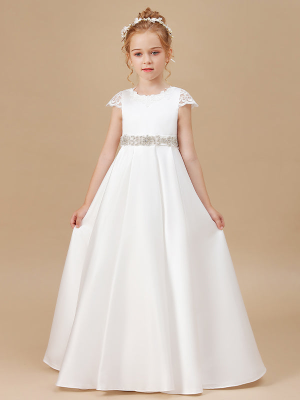 A-line Scoop Short Sleeves Beading Sweep Train Satin Flower Girl Dress