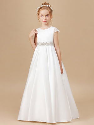 A-line Scoop Short Sleeves Beading Sweep Train Satin Flower Girl Dress