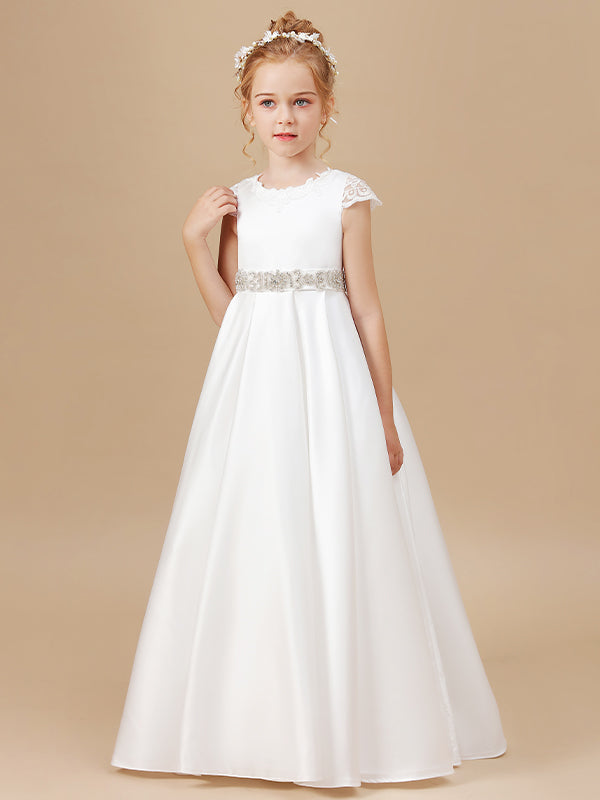 A-line Scoop Short Sleeves Beading Sweep Train Satin Flower Girl Dress