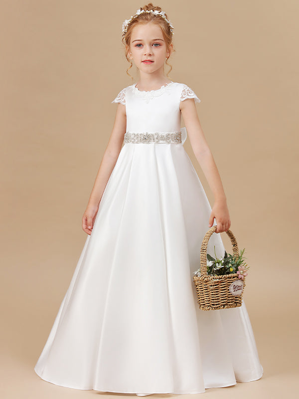 A-line Scoop Short Sleeves Beading Sweep Train Satin Flower Girl Dress