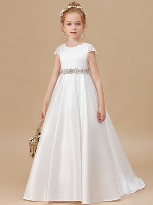 A-line Scoop Short Sleeves Beading Sweep Train Satin Flower Girl Dress