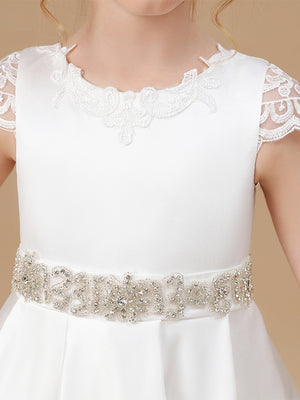 A-line Scoop Short Sleeves Beading Sweep Train Satin Flower Girl Dress