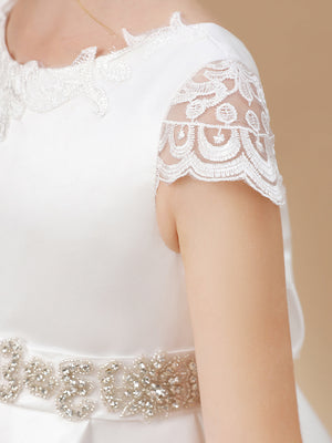 A-line Scoop Short Sleeves Beading Sweep Train Satin Flower Girl Dress