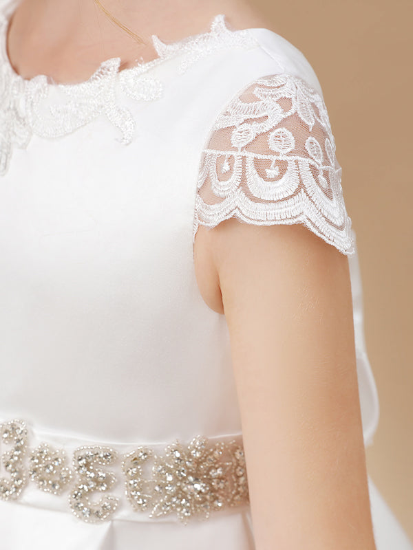 A-line Scoop Short Sleeves Beading Sweep Train Satin Flower Girl Dress