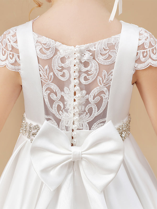 A-line Scoop Short Sleeves Beading Sweep Train Satin Flower Girl Dress