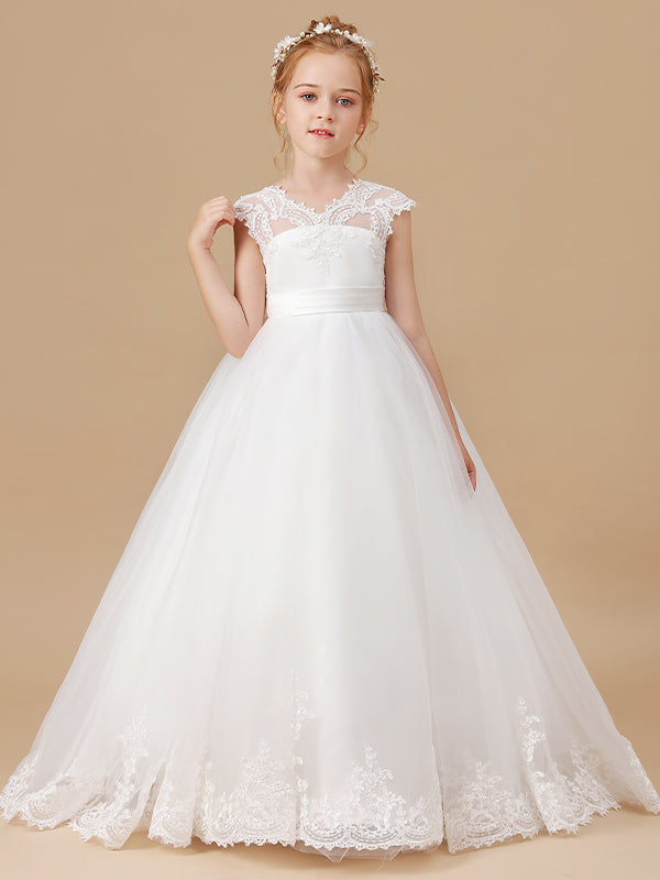 Ball-Gown V-neck Short Sleeves Lace Sweep Train Tulle Flower Girl Dress