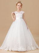 Ball-Gown V-neck Short Sleeves Lace Sweep Train Tulle Flower Girl Dress