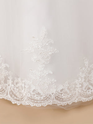Ball-Gown V-neck Short Sleeves Lace Sweep Train Tulle Flower Girl Dress