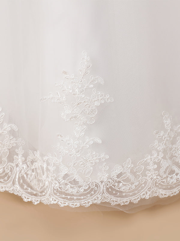 Ball-Gown V-neck Short Sleeves Lace Sweep Train Tulle Flower Girl Dress