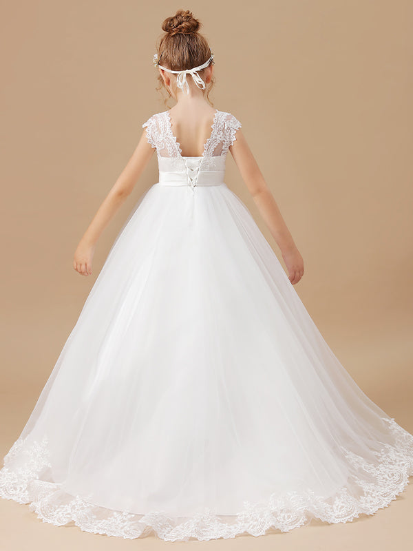 Ball-Gown V-neck Short Sleeves Lace Sweep Train Tulle Flower Girl Dress