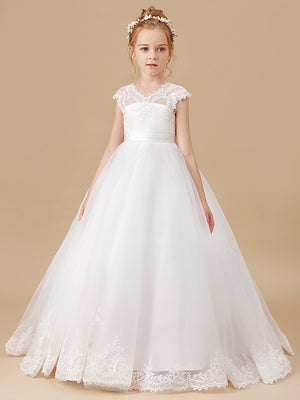 Ball-Gown V-neck Short Sleeves Lace Sweep Train Tulle Flower Girl Dress