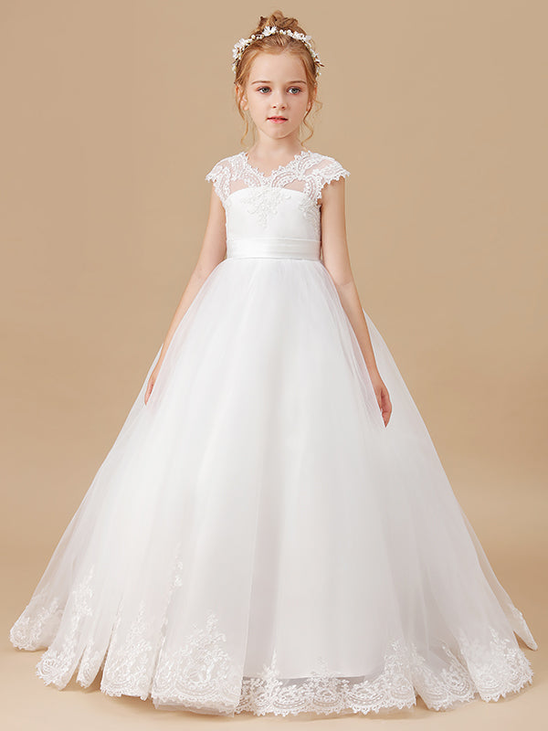 Ball-Gown V-neck Short Sleeves Lace Sweep Train Tulle Flower Girl Dress
