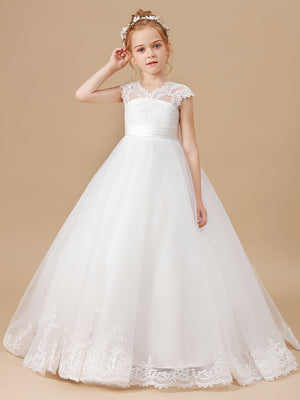 Ball-Gown V-neck Short Sleeves Lace Sweep Train Tulle Flower Girl Dress