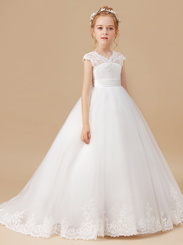 Ball-Gown V-neck Short Sleeves Lace Sweep Train Tulle Flower Girl Dress