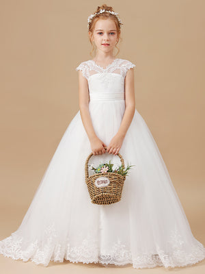 Ball-Gown V-neck Short Sleeves Lace Sweep Train Tulle Flower Girl Dress