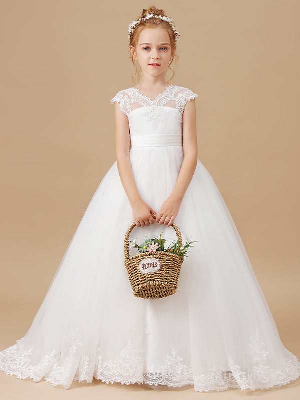 Ball-Gown V-neck Short Sleeves Lace Sweep Train Tulle Flower Girl Dress
