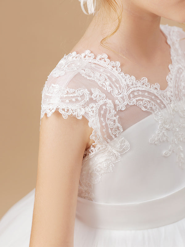 Ball-Gown V-neck Short Sleeves Lace Sweep Train Tulle Flower Girl Dress