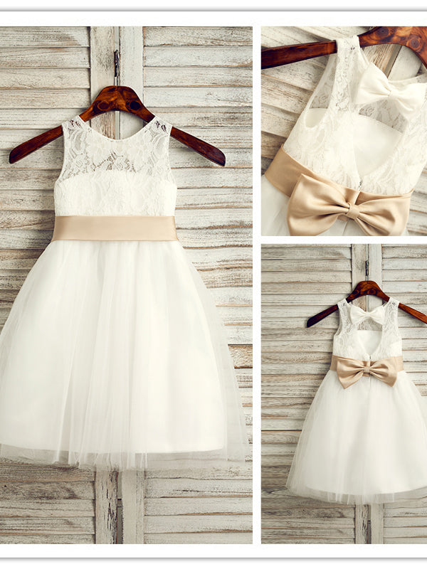 A-line Scoop Bow Tea-Length Tulle Flower Girl Dress