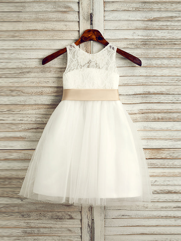 A-line Scoop Bow Tea-Length Tulle Flower Girl Dress