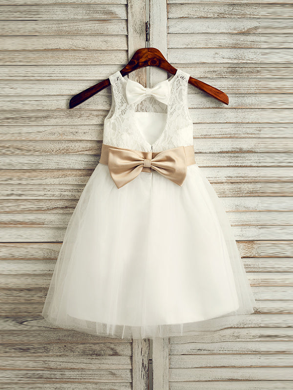 A-line Scoop Bow Tea-Length Tulle Flower Girl Dress