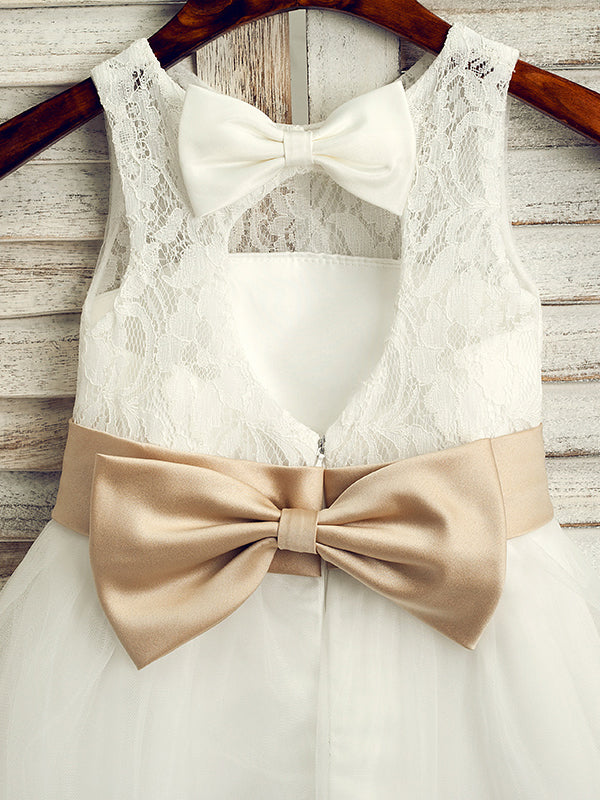 A-line Scoop Bow Tea-Length Tulle Flower Girl Dress