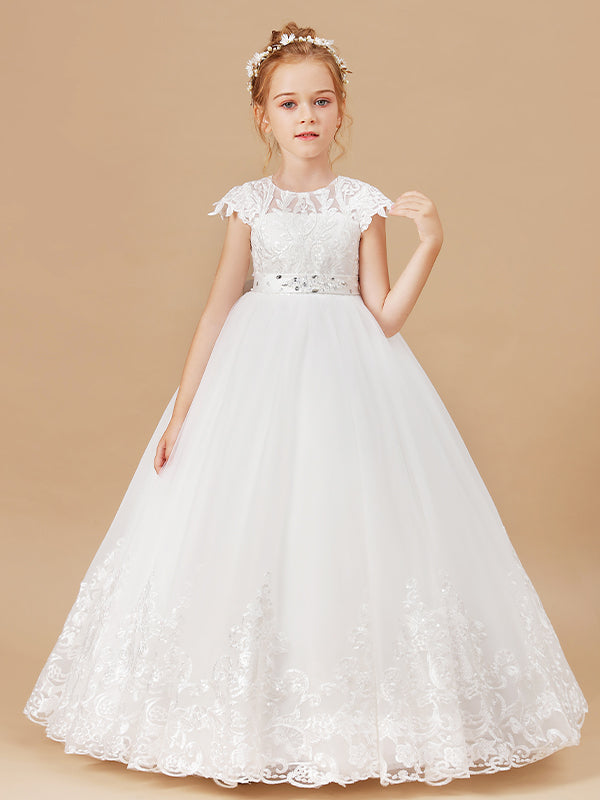Ball-Gown Scoop Short Sleeves Bow Floor-Length Tulle Flower Girl Dress