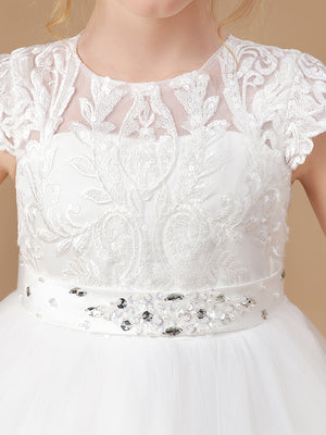 Ball-Gown Scoop Short Sleeves Bow Floor-Length Tulle Flower Girl Dress