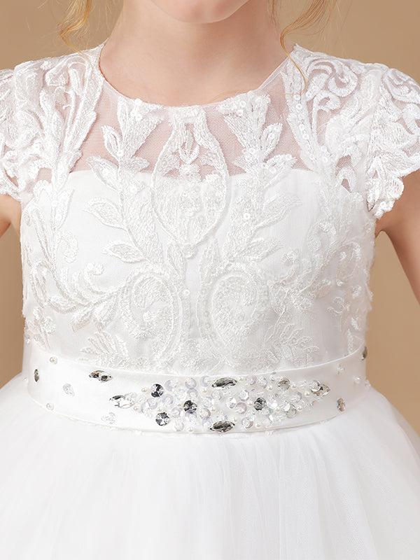 Ball-Gown Scoop Short Sleeves Bow Floor-Length Tulle Flower Girl Dress