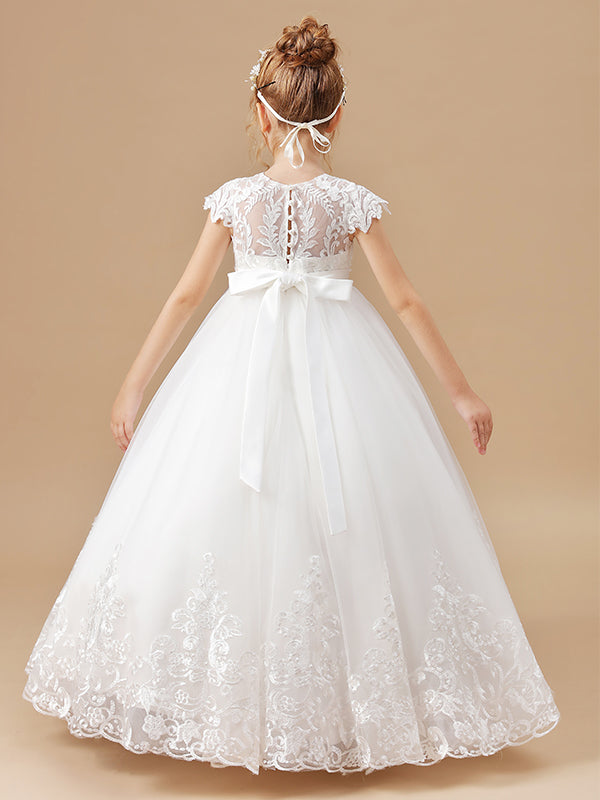 Ball-Gown Scoop Short Sleeves Bow Floor-Length Tulle Flower Girl Dress