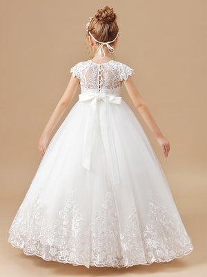 Ball-Gown Scoop Short Sleeves Bow Floor-Length Tulle Flower Girl Dress