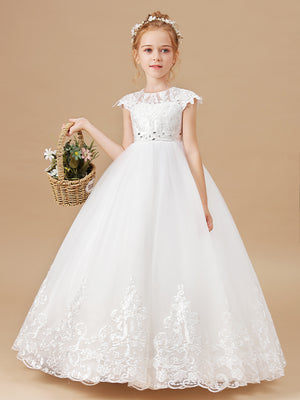 Ball-Gown Scoop Short Sleeves Bow Floor-Length Tulle Flower Girl Dress