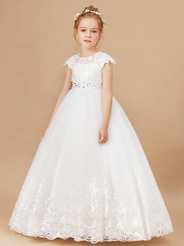 Ball-Gown Scoop Short Sleeves Bow Floor-Length Tulle Flower Girl Dress