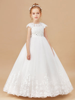 Ball-Gown Scoop Short Sleeves Bow Floor-Length Tulle Flower Girl Dress