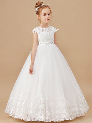 Ball-Gown Scoop Short Sleeves Bow Floor-Length Tulle Flower Girl Dress