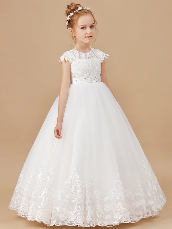 Ball-Gown Scoop Short Sleeves Bow Floor-Length Tulle Flower Girl Dress