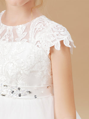 Ball-Gown Scoop Short Sleeves Bow Floor-Length Tulle Flower Girl Dress