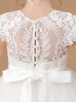 Ball-Gown Scoop Short Sleeves Bow Floor-Length Tulle Flower Girl Dress