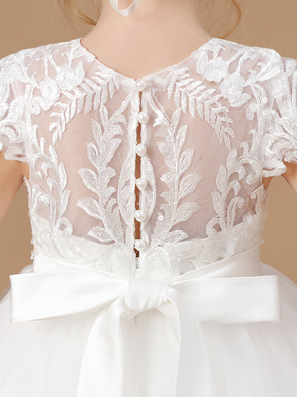 Ball-Gown Scoop Short Sleeves Bow Floor-Length Tulle Flower Girl Dress