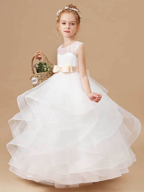 Ball-Gown Scoop Bow Ankle-Length Tulle Flower Girl Dress